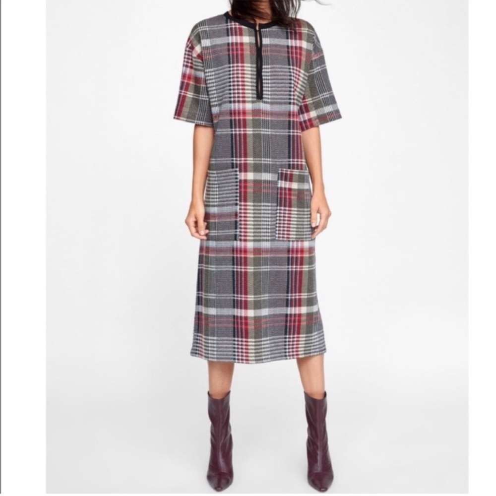 Zara Gray Plaid Midi Dress with Red Accent